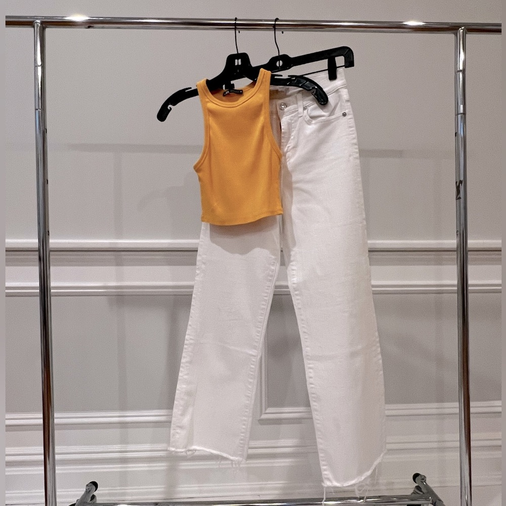 Zara top and seven white jeans